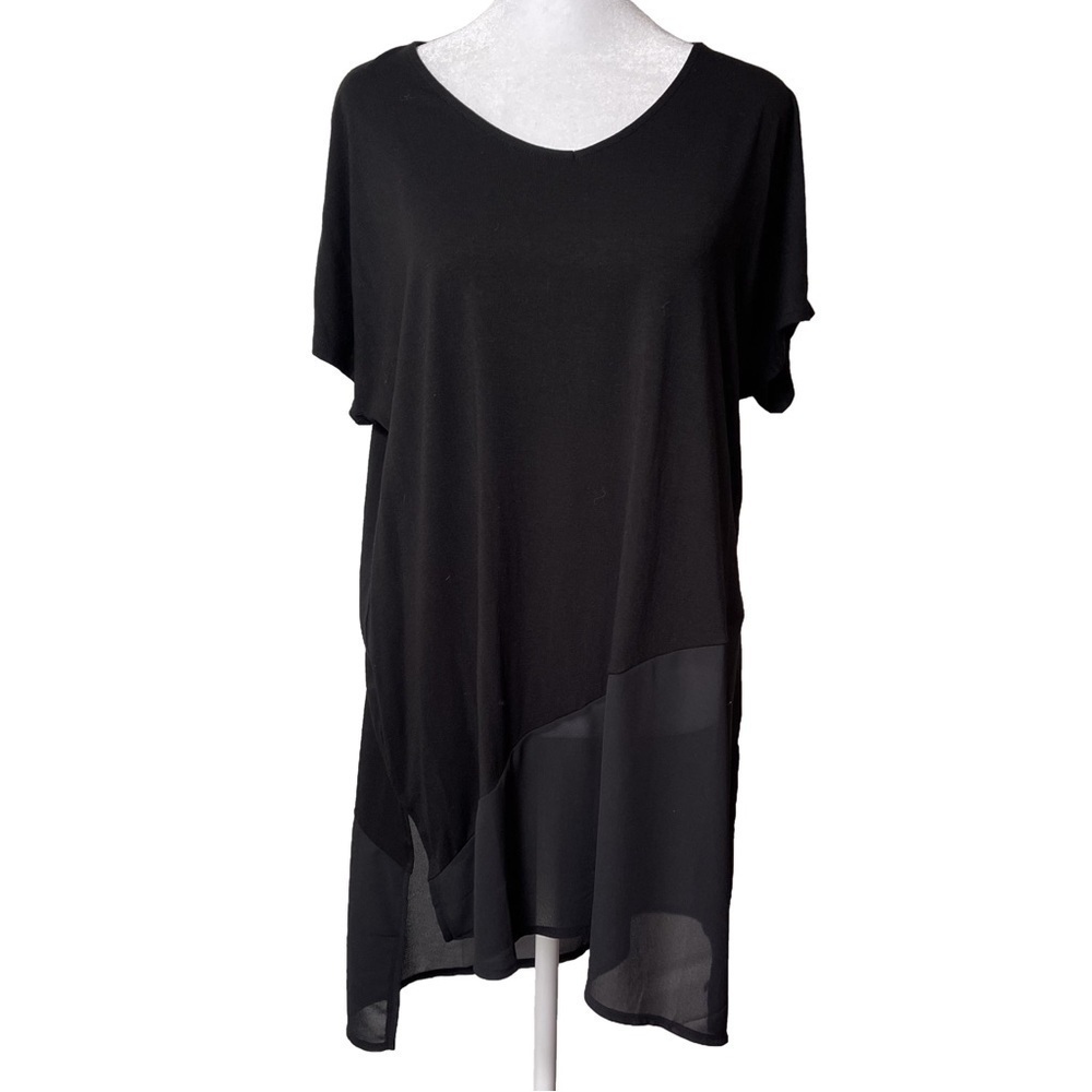 Chico’s V-Neck Short Cap Sleeve Sheer Chiffon Asymmetric Hem Tunic Black 1 S/M